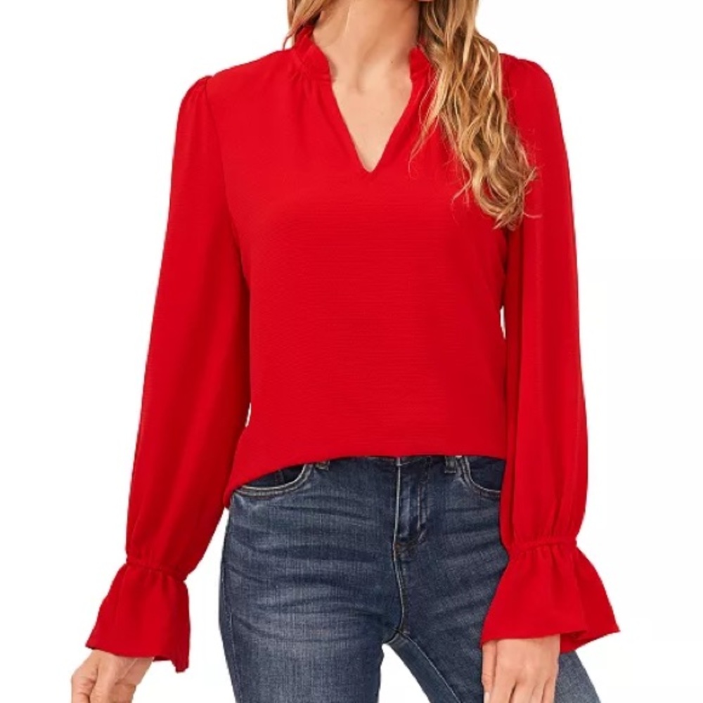 CeCe Red Bell Sleeve Blouse with Mandarin Collar